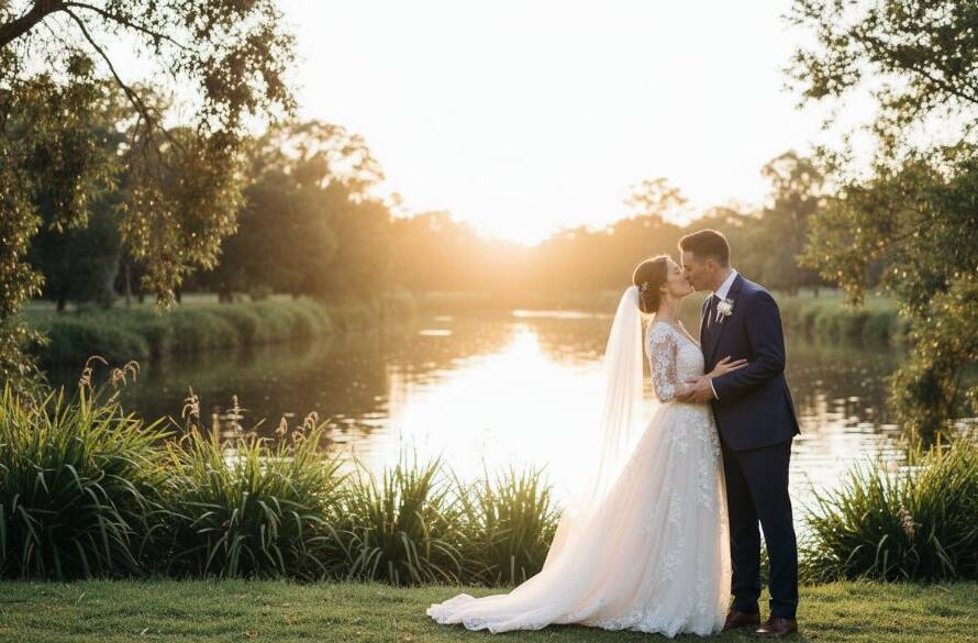 An epic, emotionally resonant photograph capturing a newlywed couple's joyful embrace amidst the lush, sun-drenched greenery of a Maribyrnong park, bathed in golden hour light, representing dreamy Maribyrnong Park wedding photography.