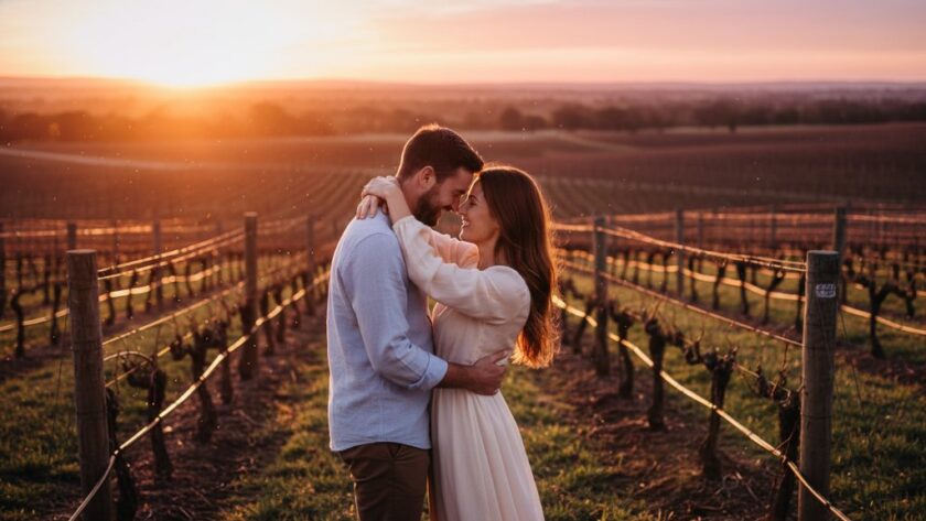 A stunning wide-angle photograph capturing a couple's 'Dreamy Marong Victoria Engagement Session' at golden hour, standing hand-in-hand in a sun-drenched, rustic vineyard with rolling hills in the background, bathed in dramatic, warm light, radiating joy and deep connection.