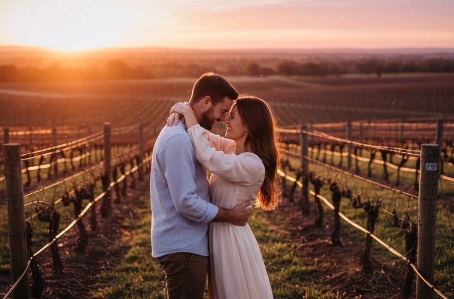 A stunning wide-angle photograph capturing a couple's 'Dreamy Marong Victoria Engagement Session' at golden hour, standing hand-in-hand in a sun-drenched, rustic vineyard with rolling hills in the background, bathed in dramatic, warm light, radiating joy and deep connection.