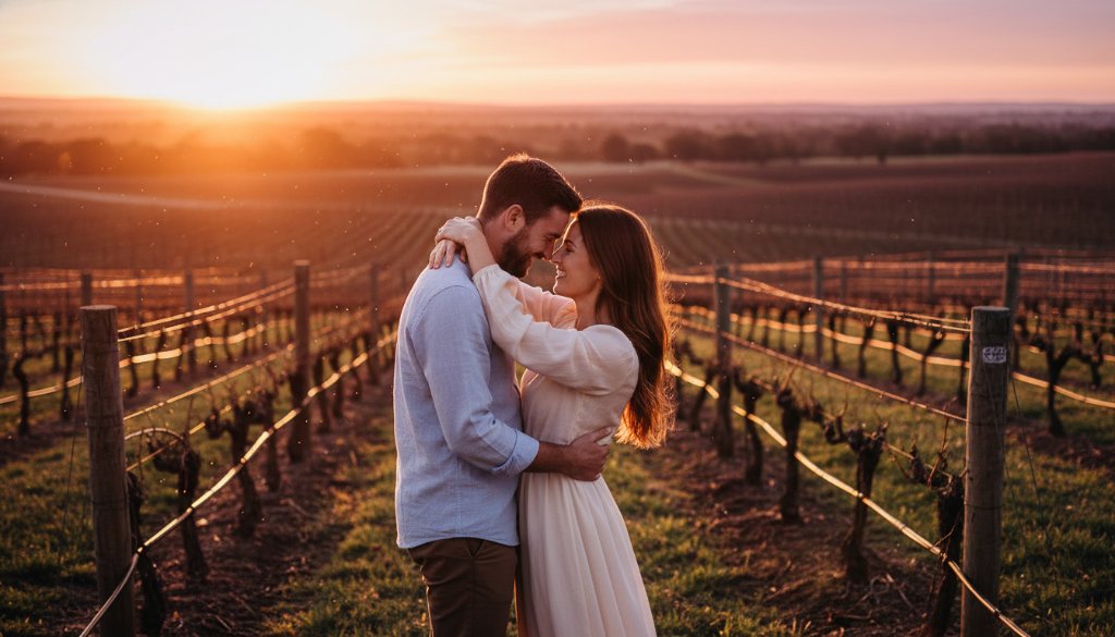 A stunning wide-angle photograph capturing a couple's 'Dreamy Marong Victoria Engagement Session' at golden hour, standing hand-in-hand in a sun-drenched, rustic vineyard with rolling hills in the background, bathed in dramatic, warm light, radiating joy and deep connection.