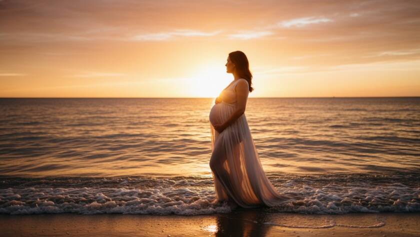 A glowing expectant mother, silhouetted against a golden sunset over Port Phillip Bay near Chelsea Heights, showcasing dreamy maternity photography with dramatic backlighting and a serene, powerful pose.