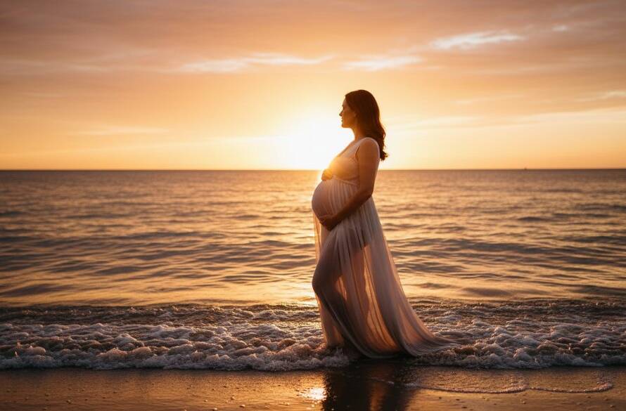 A glowing expectant mother, silhouetted against a golden sunset over Port Phillip Bay near Chelsea Heights, showcasing dreamy maternity photography with dramatic backlighting and a serene, powerful pose.