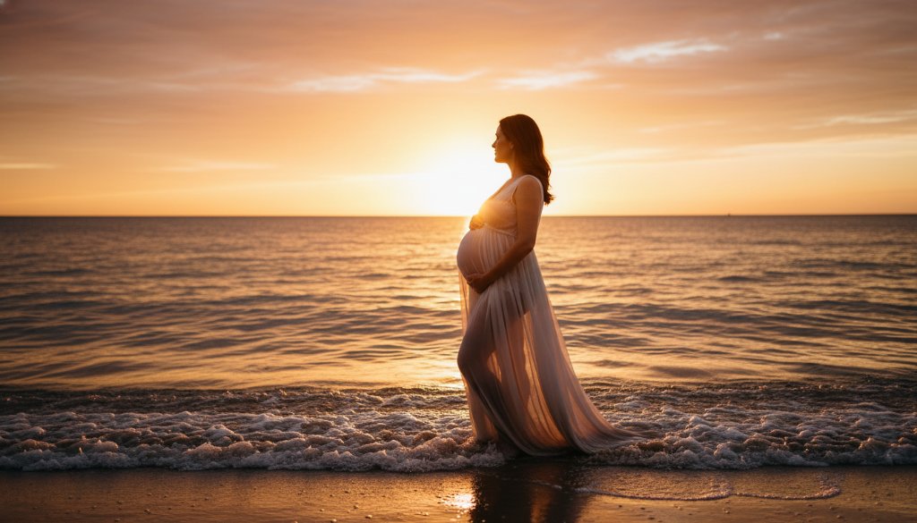 A glowing expectant mother, silhouetted against a golden sunset over Port Phillip Bay near Chelsea Heights, showcasing dreamy maternity photography with dramatic backlighting and a serene, powerful pose.