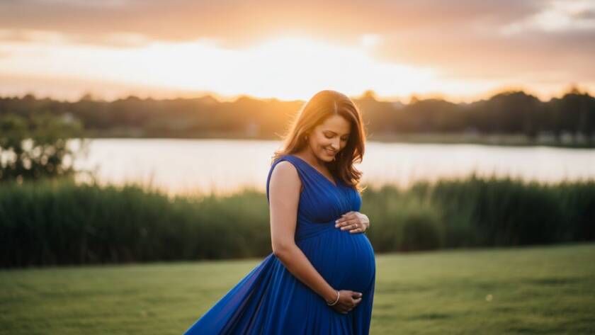 A pregnant woman, beautifully silhouetted against a golden sunset over a serene lake in Caroline Springs, her hands gently cradling her baby bump, captured during a dreamy maternity photoshoot Caroline Springs with professional, dramatic lighting.