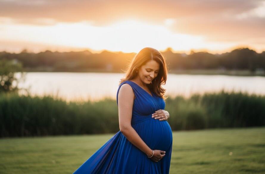 A pregnant woman, beautifully silhouetted against a golden sunset over a serene lake in Caroline Springs, her hands gently cradling her baby bump, captured during a dreamy maternity photoshoot Caroline Springs with professional, dramatic lighting.