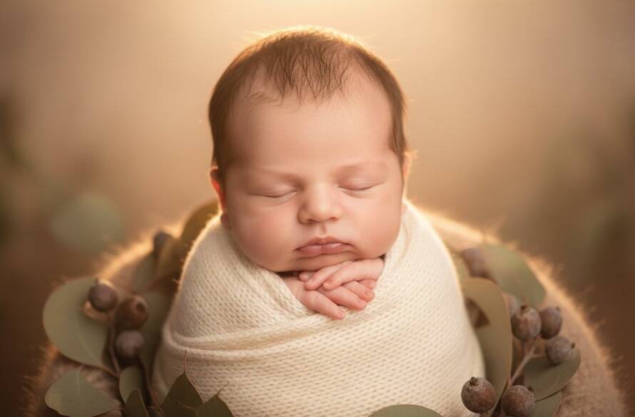 An ethereal close-up of a newborn baby in a soft, knitted wrap, peacefully asleep, bathed in warm, gentle studio light, symbolizing dreamy newborn photography Nunawading Victoria. The delicate features and tiny fingers are in sharp focus, evoking a sense of calm and new beginnings.