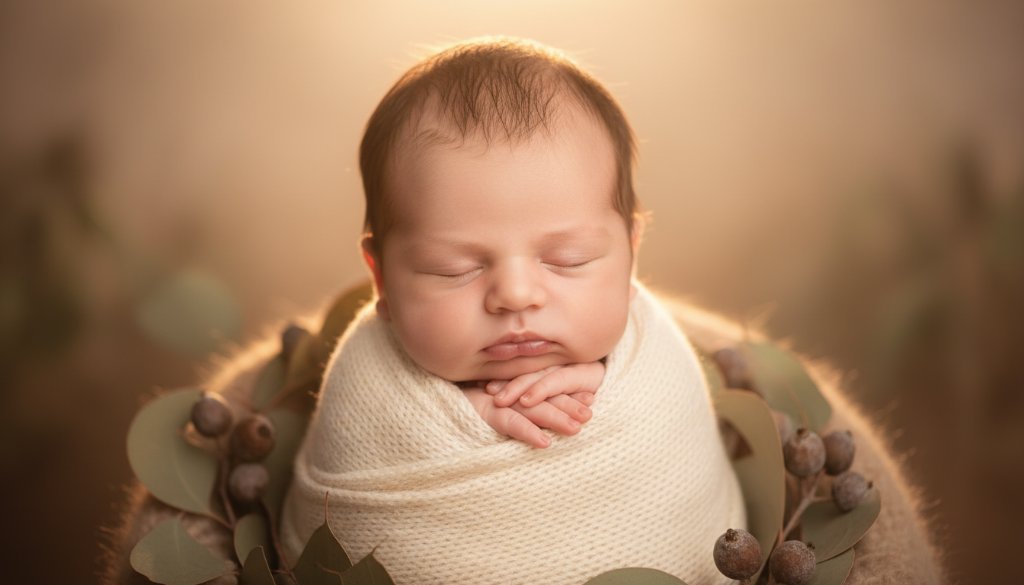 An ethereal close-up of a newborn baby in a soft, knitted wrap, peacefully asleep, bathed in warm, gentle studio light, symbolizing dreamy newborn photography Nunawading Victoria. The delicate features and tiny fingers are in sharp focus, evoking a sense of calm and new beginnings.