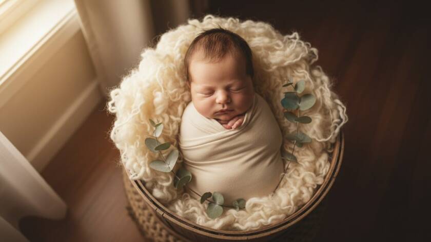 A dramatic and tender shot of a newborn baby gently swaddled in soft cream fabric, held safely in parent's hands, bathed in ethereal window light, embodying dreamy newborn photography Point Cook Victoria, with a shallow depth of field highlighting their tiny features against a soft, blurred Point Cook home interior background.