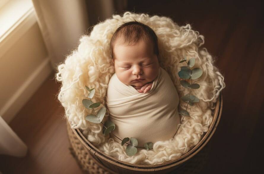 A dramatic and tender shot of a newborn baby gently swaddled in soft cream fabric, held safely in parent's hands, bathed in ethereal window light, embodying dreamy newborn photography Point Cook Victoria, with a shallow depth of field highlighting their tiny features against a soft, blurred Point Cook home interior background.