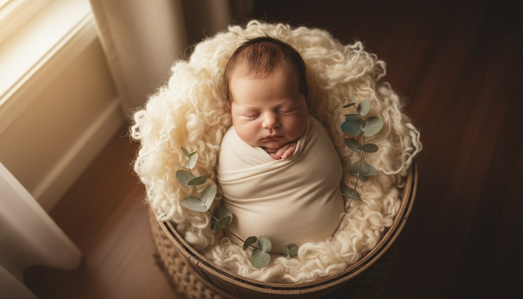 A dramatic and tender shot of a newborn baby gently swaddled in soft cream fabric, held safely in parent's hands, bathed in ethereal window light, embodying dreamy newborn photography Point Cook Victoria, with a shallow depth of field highlighting their tiny features against a soft, blurred Point Cook home interior background.