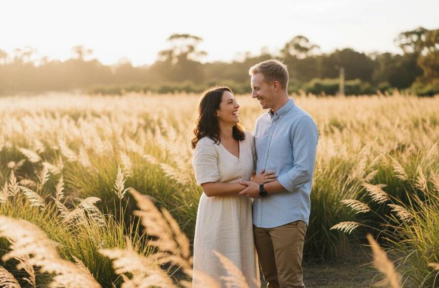 An epic, emotionally charged photograph capturing a couple in a loving embrace amidst the golden hour glow of a Noble Park garden, exemplifying dreamy Noble Park pre-wedding photography Victoria.