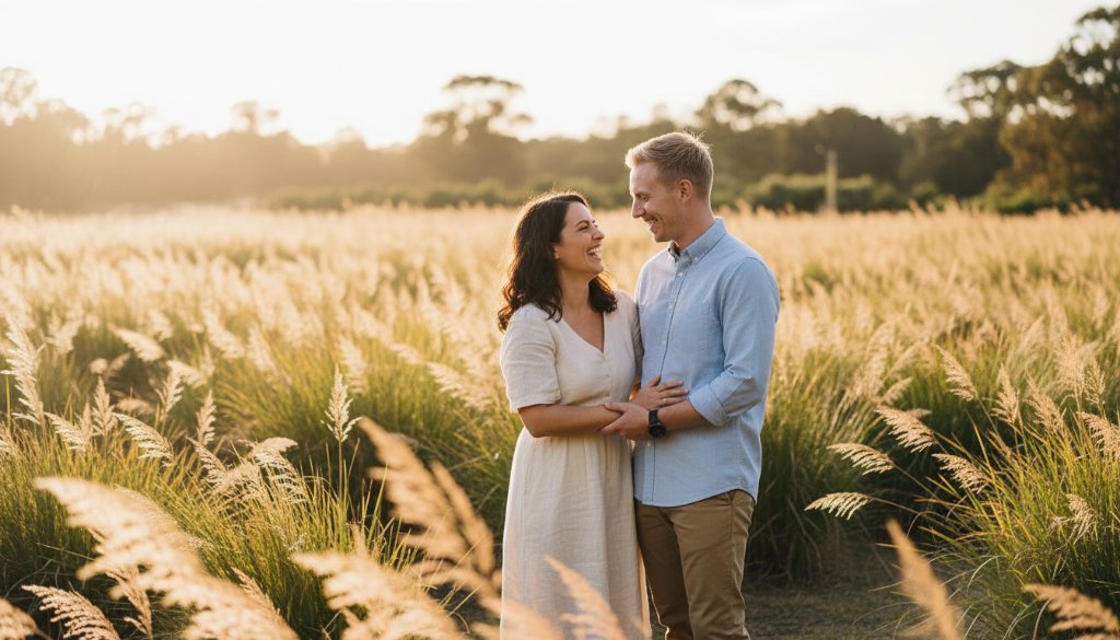 An epic, emotionally charged photograph capturing a couple in a loving embrace amidst the golden hour glow of a Noble Park garden, exemplifying dreamy Noble Park pre-wedding photography Victoria.