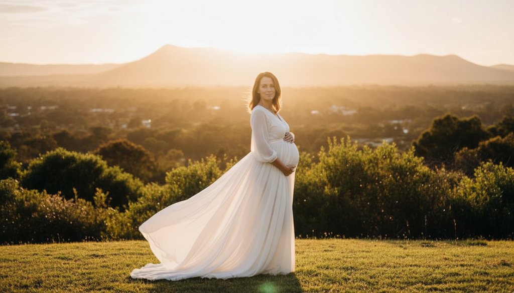 A glowing expectant mother embracing her bump in a flowing gown, set against a golden hour backdrop of the lush Dandenong Ranges near Endeavour Hills, Victoria, embodying dreamy outdoor maternity photography.