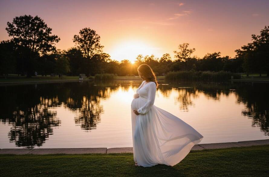 A glowing expectant mother in a flowing gown, silhouetted against a golden sunset in a Wantirna South park, capturing a dreamy outdoor maternity photography Wantirna South moment with dramatic lighting and professional colour grading.
