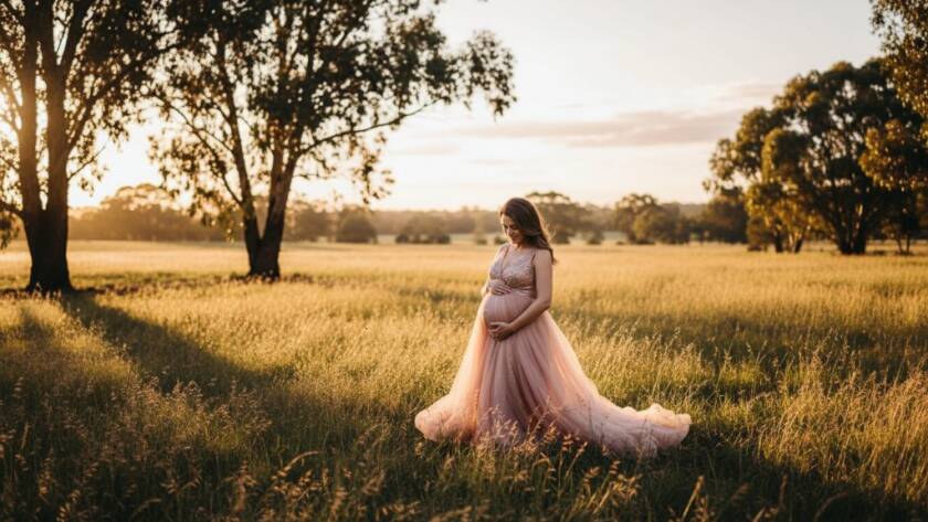 An expectant mother, in a flowing gown, embracing her baby bump during a dreamy outdoor maternity photoshoot in Ringwood North Victoria, bathed in golden hour light amidst a lush, natural setting, capturing a serene and powerful 'epic moment'.