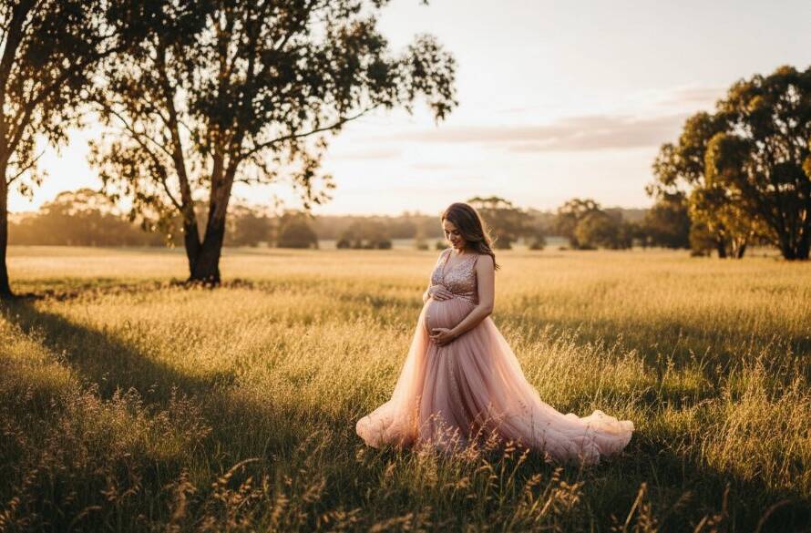 An expectant mother, in a flowing gown, embracing her baby bump during a dreamy outdoor maternity photoshoot in Ringwood North Victoria, bathed in golden hour light amidst a lush, natural setting, capturing a serene and powerful 'epic moment'.