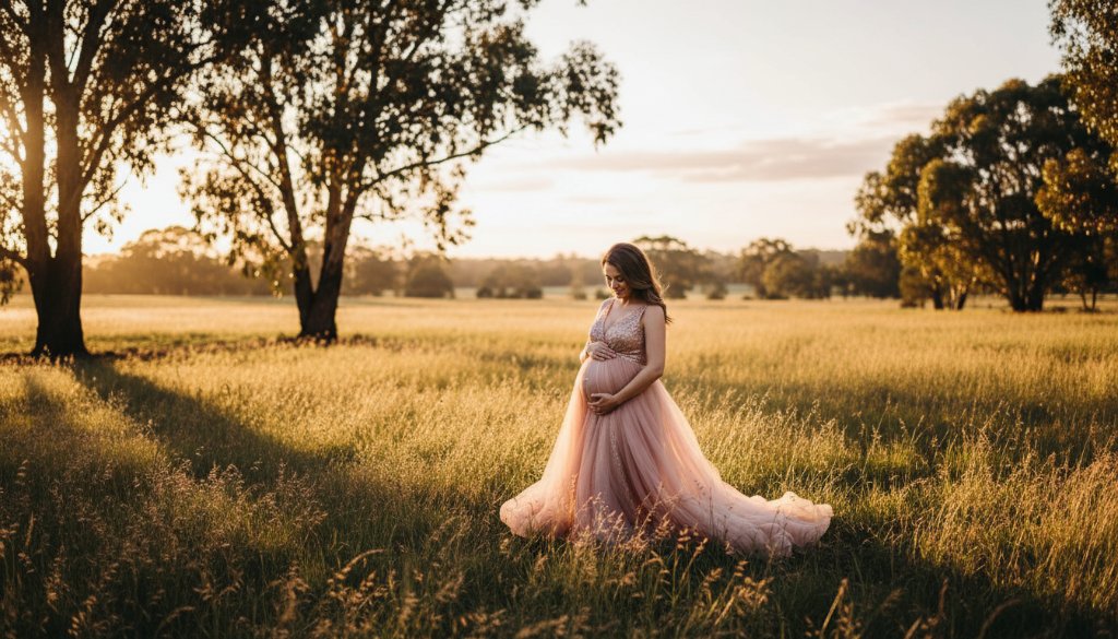 An expectant mother, in a flowing gown, embracing her baby bump during a dreamy outdoor maternity photoshoot in Ringwood North Victoria, bathed in golden hour light amidst a lush, natural setting, capturing a serene and powerful 'epic moment'.