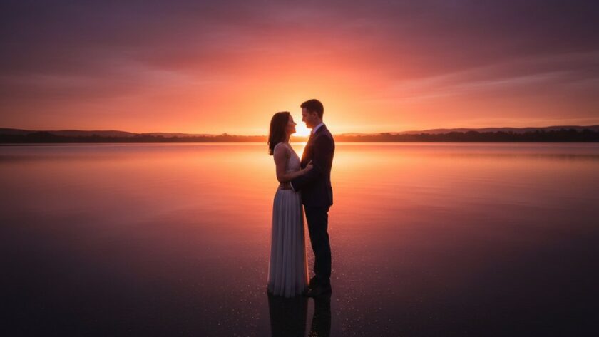 A couple shares a tender embrace at sunset, silhouetted against the serene waters of Lake Colac, capturing a dreamy pre-wedding photography Colac Lake Colac moment with dramatic golden hour lighting.