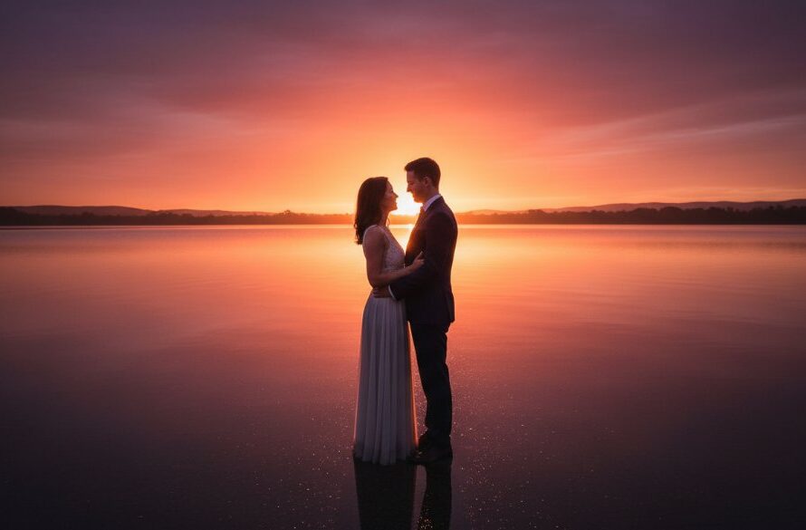 A couple shares a tender embrace at sunset, silhouetted against the serene waters of Lake Colac, capturing a dreamy pre-wedding photography Colac Lake Colac moment with dramatic golden hour lighting.
