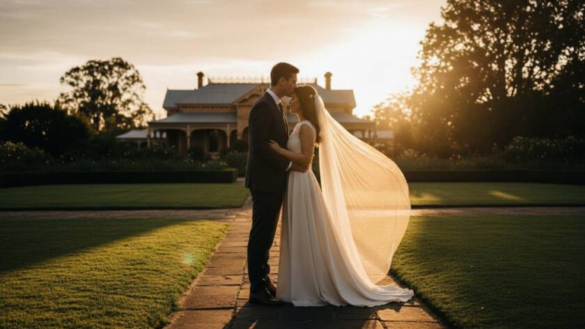 A couple shares a tender, dreamy moment during their pre-wedding photography shoot at a historic site in Melton, Victoria, with dramatic golden hour light filtering through ancient trees, captured by a professional photographer.