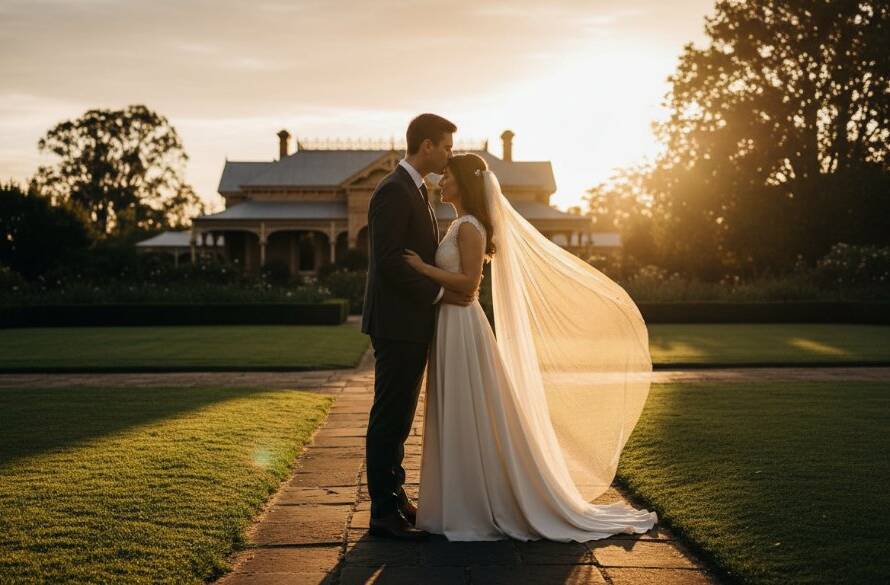 A couple shares a tender, dreamy moment during their pre-wedding photography shoot at a historic site in Melton, Victoria, with dramatic golden hour light filtering through ancient trees, captured by a professional photographer.