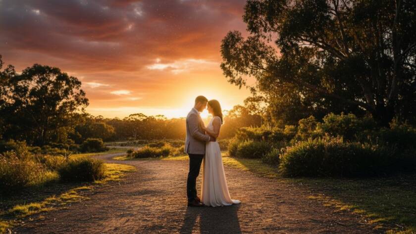 An emotionally resonant, wide-angle shot capturing a couple embracing tenderly amidst golden hour light in the Vermont South parklands, highlighting their connection through dreamy pre-wedding photography Vermont South parklands, with sun-drenched trees in the background and a lens flare.