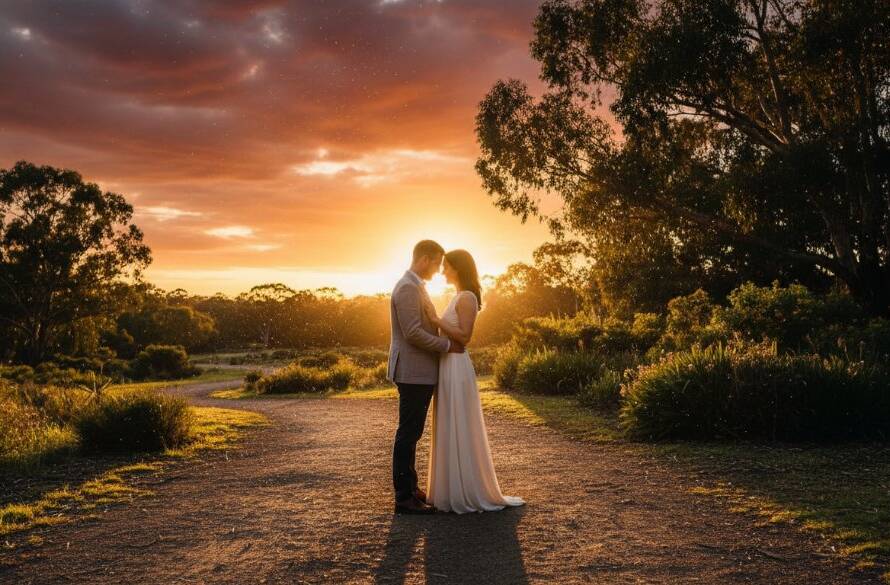 An emotionally resonant, wide-angle shot capturing a couple embracing tenderly amidst golden hour light in the Vermont South parklands, highlighting their connection through dreamy pre-wedding photography Vermont South parklands, with sun-drenched trees in the background and a lens flare.