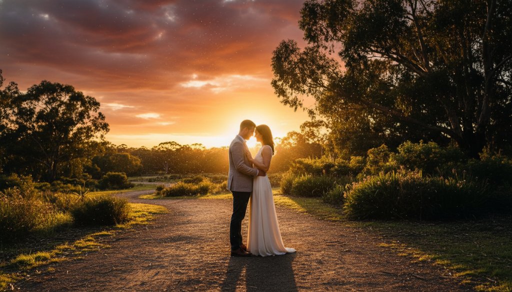 An emotionally resonant, wide-angle shot capturing a couple embracing tenderly amidst golden hour light in the Vermont South parklands, highlighting their connection through dreamy pre-wedding photography Vermont South parklands, with sun-drenched trees in the background and a lens flare.