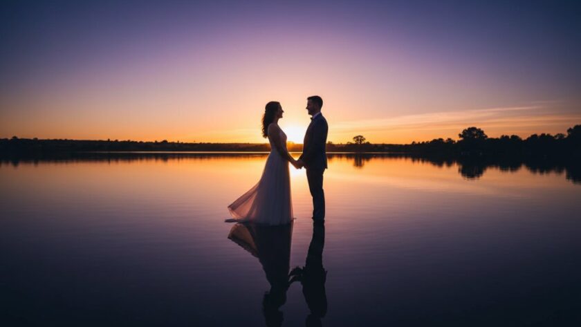 A couple shares a romantic, dreamy pre-wedding photoshoot Lucas Victoria moment at sunset, embraced in a golden light, standing by the reflective waters of Lucas Lake with dramatic clouds overhead, creating an epic and professionally color-graded scene.
