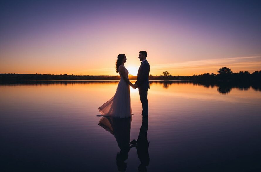 A couple shares a romantic, dreamy pre-wedding photoshoot Lucas Victoria moment at sunset, embraced in a golden light, standing by the reflective waters of Lucas Lake with dramatic clouds overhead, creating an epic and professionally color-graded scene.