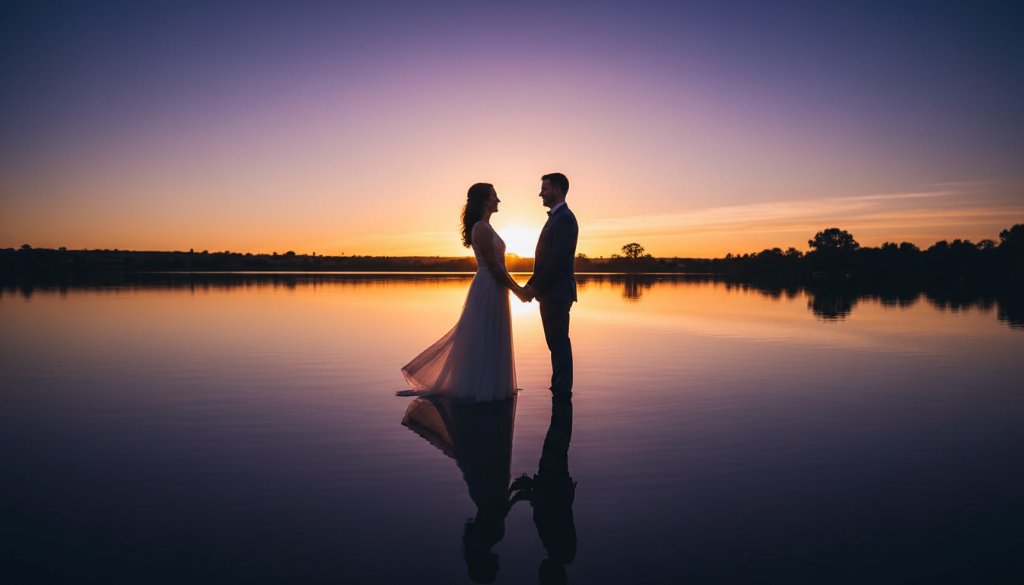 A couple shares a romantic, dreamy pre-wedding photoshoot Lucas Victoria moment at sunset, embraced in a golden light, standing by the reflective waters of Lucas Lake with dramatic clouds overhead, creating an epic and professionally color-graded scene.
