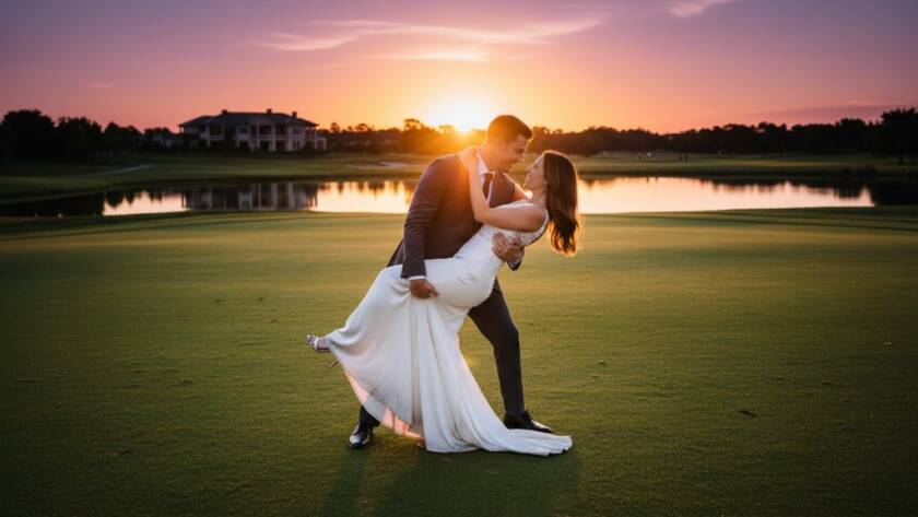 A couple embraces romantically on the lush green fairways of a Sandhurst golf course at sunset, bathed in golden hour light, captured during their dreamy pre-wedding photoshoot Sandhurst Victoria.