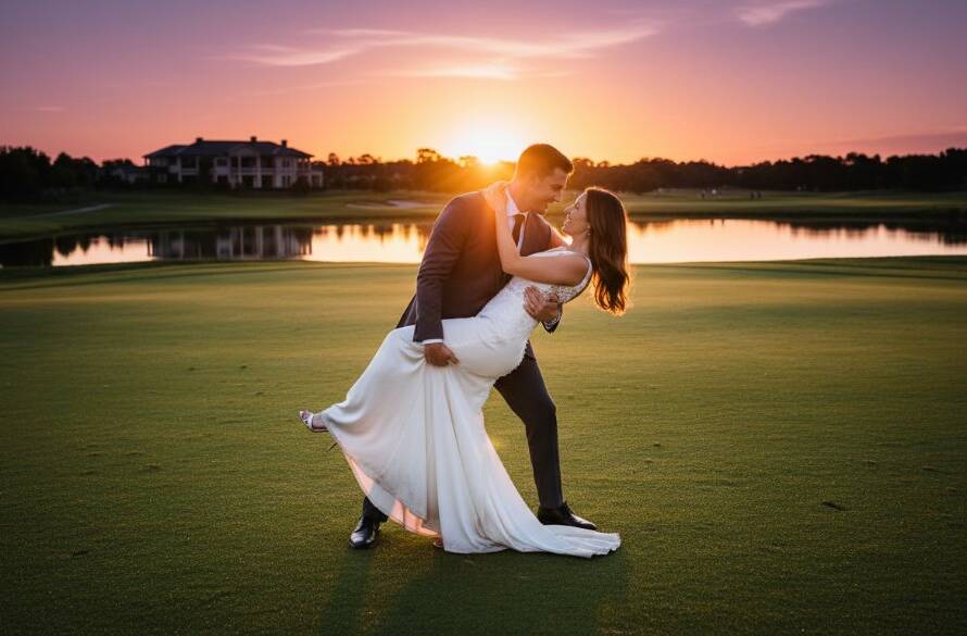 A couple embraces romantically on the lush green fairways of a Sandhurst golf course at sunset, bathed in golden hour light, captured during their dreamy pre-wedding photoshoot Sandhurst Victoria.