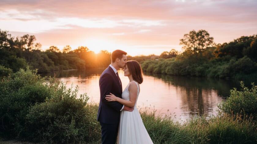An elegant couple sharing a tender moment during their dreamy pre-wedding photoshoot Templestowe Lower riverside at sunset, with golden light reflecting off the Yarra River and lush greenery providing a serene backdrop, captured in a cinematic style.