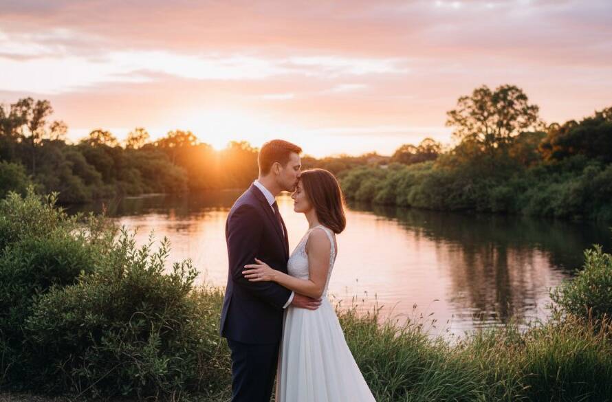 An elegant couple sharing a tender moment during their dreamy pre-wedding photoshoot Templestowe Lower riverside at sunset, with golden light reflecting off the Yarra River and lush greenery providing a serene backdrop, captured in a cinematic style.