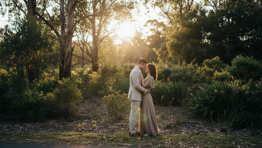 An epic, emotionally charged photograph capturing a couple embracing under the golden hour sun, showcasing dreamy Ringwood North pre-wedding photography natural light. The stunning natural backdrop of lush Australian bushland in Ringwood North, Victoria, with warm, dramatic lighting illuminating their joyful faces.