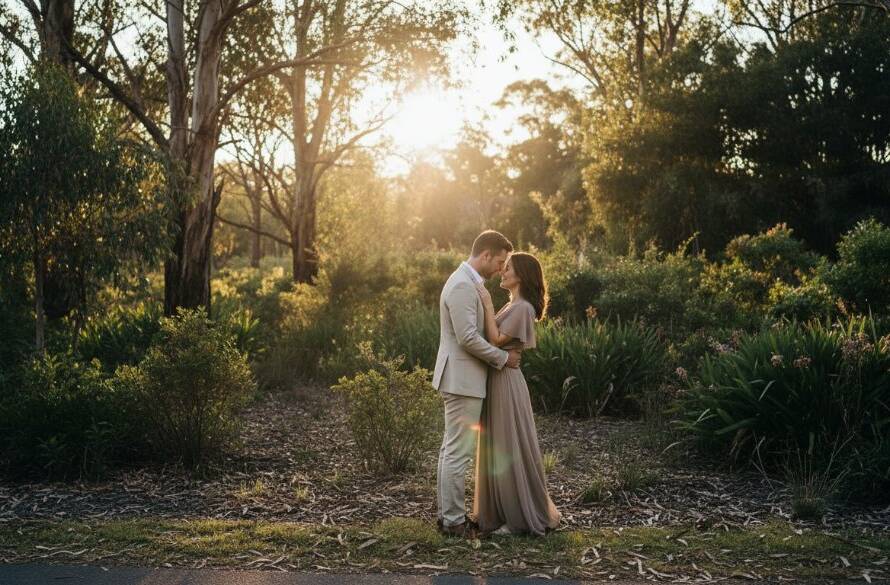 An epic, emotionally charged photograph capturing a couple embracing under the golden hour sun, showcasing dreamy Ringwood North pre-wedding photography natural light. The stunning natural backdrop of lush Australian bushland in Ringwood North, Victoria, with warm, dramatic lighting illuminating their joyful faces.