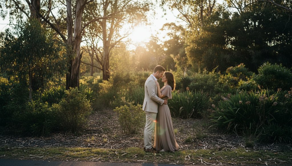 An epic, emotionally charged photograph capturing a couple embracing under the golden hour sun, showcasing dreamy Ringwood North pre-wedding photography natural light. The stunning natural backdrop of lush Australian bushland in Ringwood North, Victoria, with warm, dramatic lighting illuminating their joyful faces.