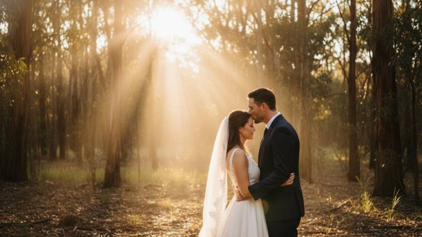 A newly married couple sharing a tender, sun-drenched moment amidst the natural beauty of The Basin, capturing the essence of dreamy rustic wedding photography, with golden hour light filtering through eucalyptus trees, a perfect epic moment.