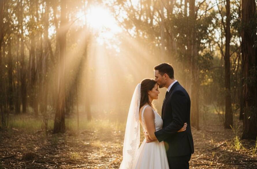 A newly married couple sharing a tender, sun-drenched moment amidst the natural beauty of The Basin, capturing the essence of dreamy rustic wedding photography, with golden hour light filtering through eucalyptus trees, a perfect epic moment.