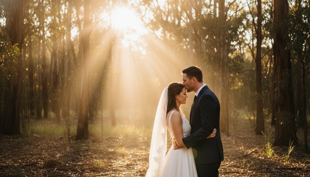 A newly married couple sharing a tender, sun-drenched moment amidst the natural beauty of The Basin, capturing the essence of dreamy rustic wedding photography, with golden hour light filtering through eucalyptus trees, a perfect epic moment.
