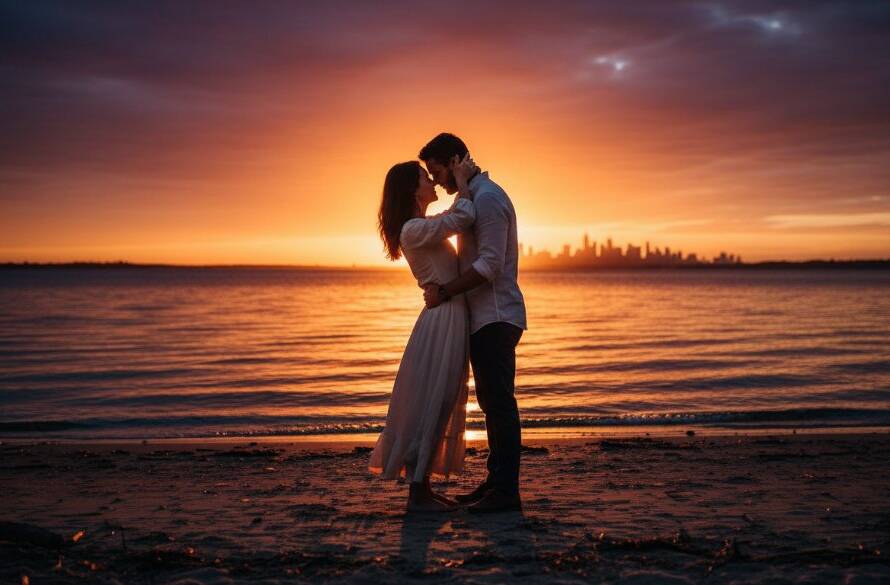 A couple embraces passionately during a stunning sunset engagement photography session at the Seabrook foreshore, Victoria, with dramatic golden hour light silhouetting them against the shimmering water and distant Melbourne city skyline, capturing a truly dreamy Seabrook foreshore engagement photography Victoria epic moment.