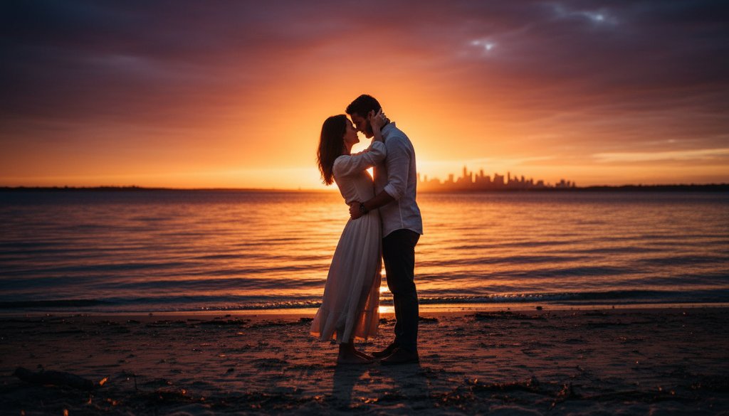 A couple embraces passionately during a stunning sunset engagement photography session at the Seabrook foreshore, Victoria, with dramatic golden hour light silhouetting them against the shimmering water and distant Melbourne city skyline, capturing a truly dreamy Seabrook foreshore engagement photography Victoria epic moment.