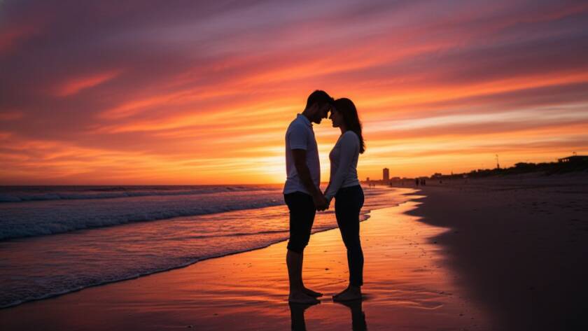 A couple shares a tender, dreamy sunset engagement photos Carrum Beach Victoria moment, silhouetted against a vibrant orange and pink sky as waves gently lap the shore, creating an epic and romantic scene.
