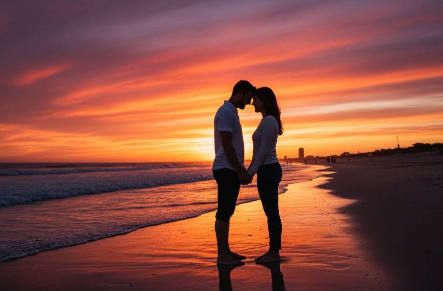A couple shares a tender, dreamy sunset engagement photos Carrum Beach Victoria moment, silhouetted against a vibrant orange and pink sky as waves gently lap the shore, creating an epic and romantic scene.