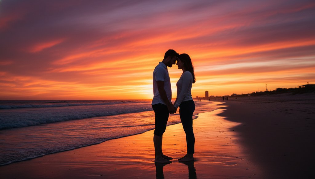 A couple shares a tender, dreamy sunset engagement photos Carrum Beach Victoria moment, silhouetted against a vibrant orange and pink sky as waves gently lap the shore, creating an epic and romantic scene.
