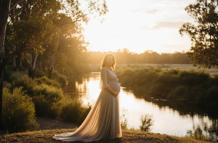A serene pregnant woman in a flowing gown, silhouetted against a golden sunset in a Templestowe park, embodying a dreamy Templestowe maternity photoshoot Victoria with dramatic light and emotional depth.