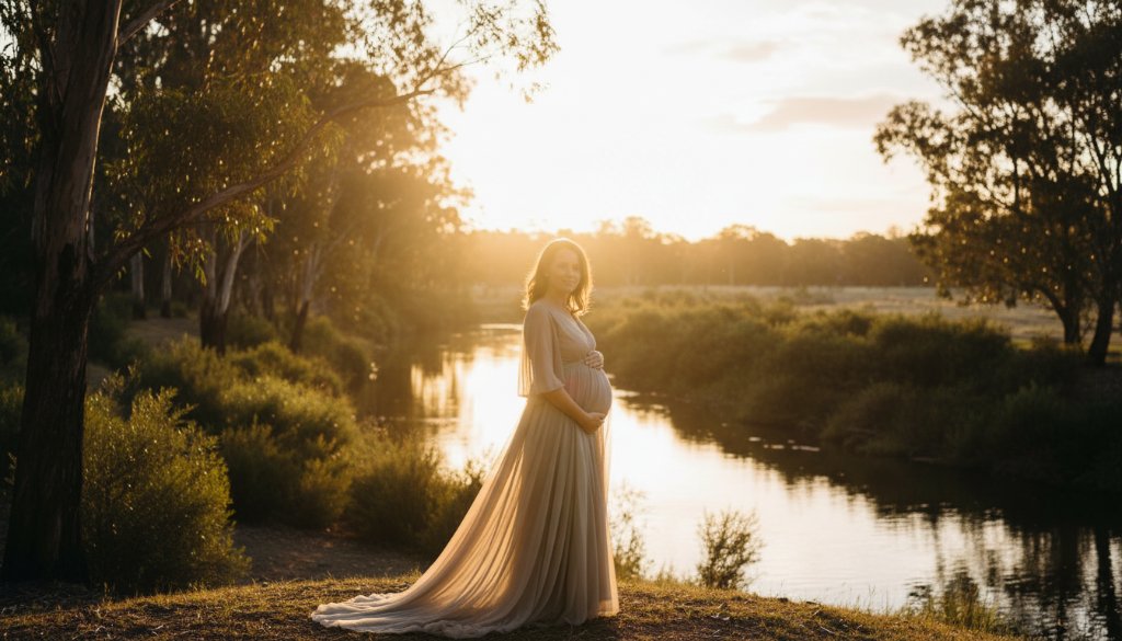 A serene pregnant woman in a flowing gown, silhouetted against a golden sunset in a Templestowe park, embodying a dreamy Templestowe maternity photoshoot Victoria with dramatic light and emotional depth.