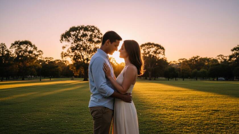 An epic moment captured: a couple embraces tenderly under the soft, golden light of twilight in a serene Doncaster East park, showcasing dreamy twilight engagement photography Doncaster East parks with a blurred natural background.