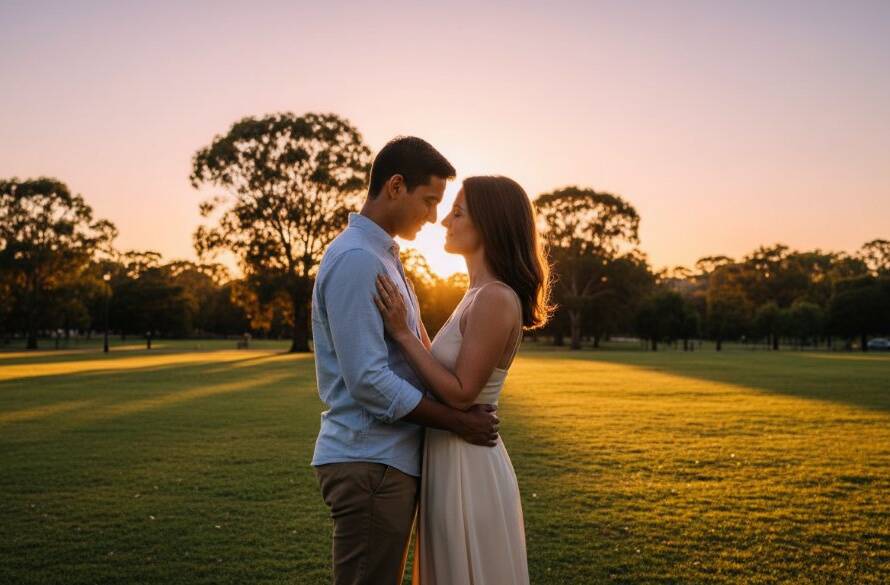 An epic moment captured: a couple embraces tenderly under the soft, golden light of twilight in a serene Doncaster East park, showcasing dreamy twilight engagement photography Doncaster East parks with a blurred natural background.